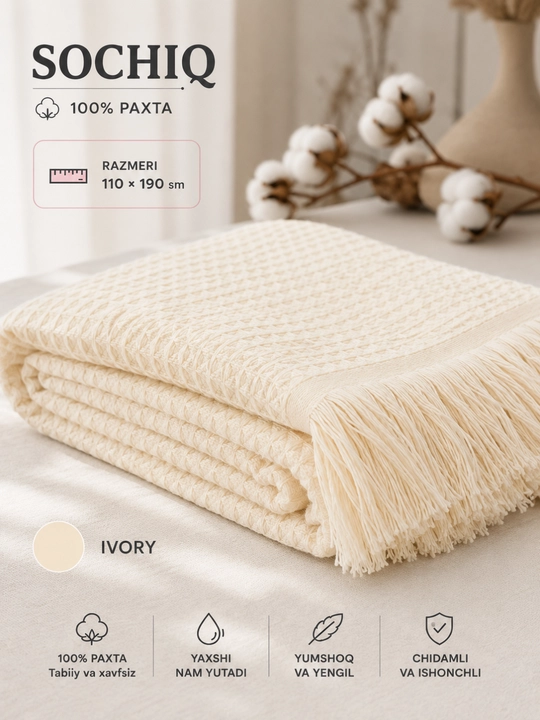 100% paxta sochiq 110x190 sm yumshoq va nam yutuvchi