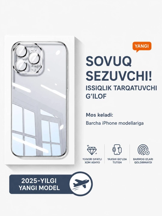 IPhone 17, 16, 15, 14, 13, 12, 11 modellari uchun printli shaffof g'ilof