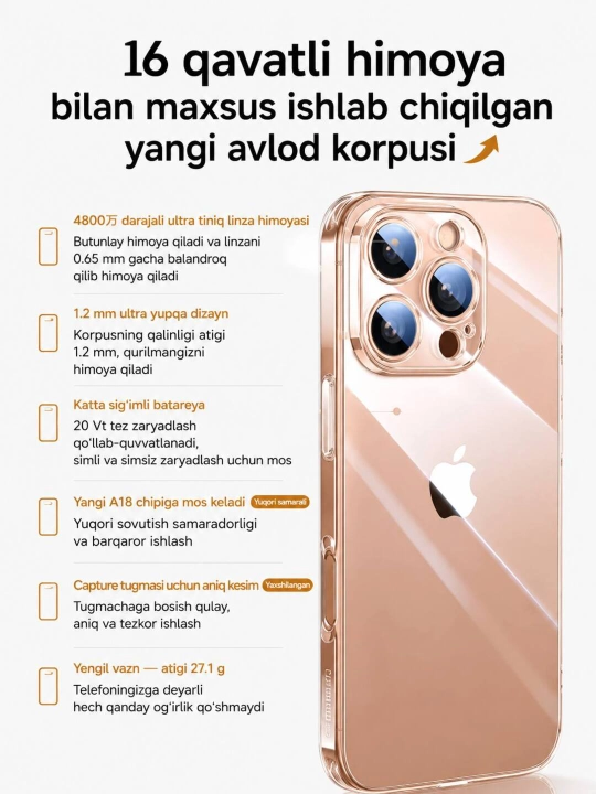 IPhone 17, 16, 15, 14, 13, 12, 11 modellari uchun printli shaffof g'ilof