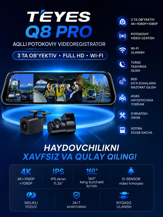 Видеорегистратор, Видеорегистратор TEYES Q8 PRO, 3 камеры, Wi-Fi наблюдение - 