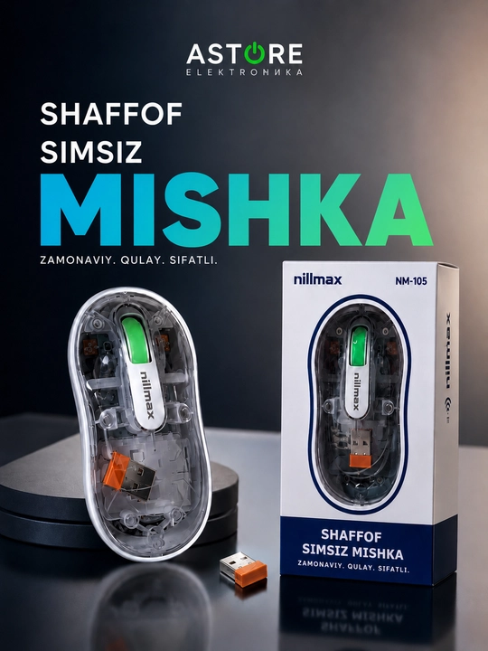Simsiz shaffof sichqoncha Nilmax / Crystal Transparent Wireless Mouse / Bluetooth + USB