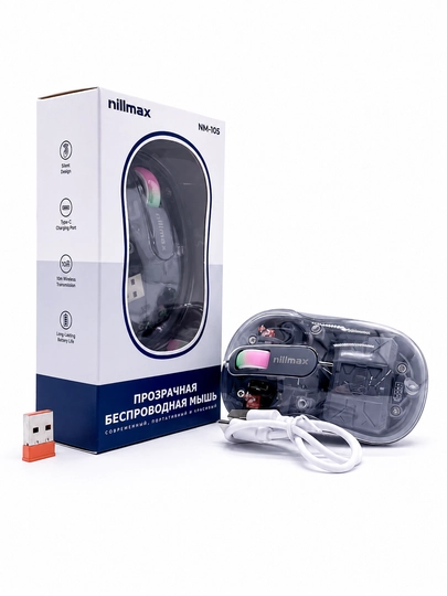 Simsiz shaffof sichqoncha Nilmax / Crystal Transparent Wireless Mouse / Bluetooth + USB - 
