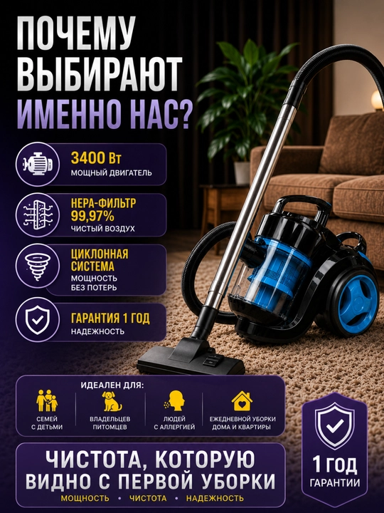 Мощный пылесос 3400 Вт для дома: циклонная система, телескопическая трубка, HEPA-фильтр