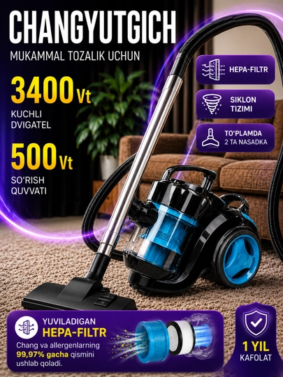 Kuchli 3400 Vt changyutgich: siklon tizimi, teleskopik quvur va HEPA-filtr - 