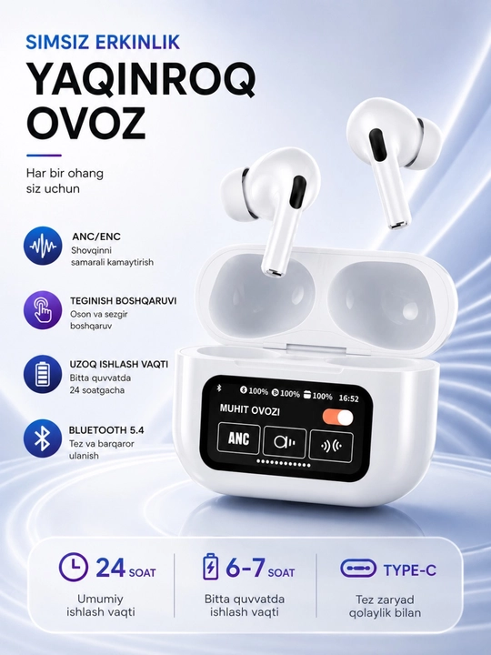 Simsiz Bluetooth quloqchinlar, sensorli boshqaruv va sifatli ovoz bilan - 