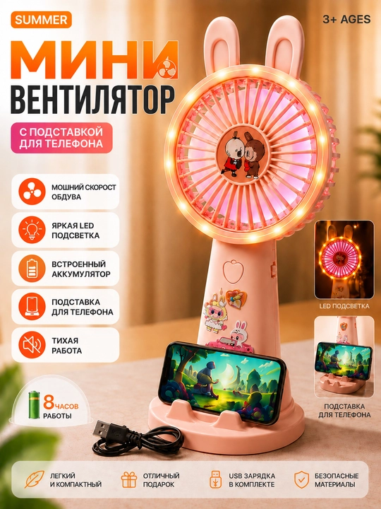 Мини вентилятор USB портативный  3 скорости с удобной подставкой для телефона подарок - 