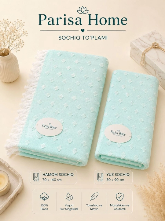 Parisa Home Premium sochiqlar to‘plami 2 dona – 100% paxta, , 70×140 + 50×90 sm - 