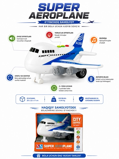 Super Aeroplane A380 o‘yinchoq samolyoti, tovush va yorug‘lik effektlariga ega bolalar o‘yinchog‘i - 