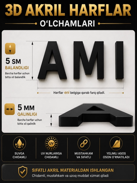 5 sm 3D akril harflar – uy raqami va nomlar uchun 