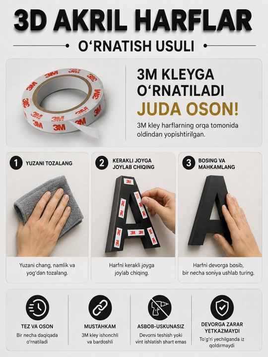 5 sm 3D akril harflar – uy raqami va nomlar uchun 