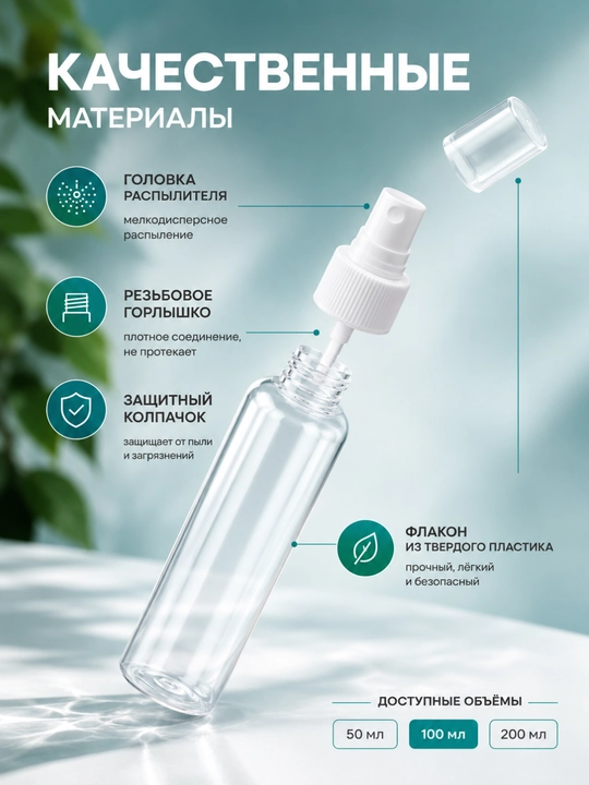Ko‘p martalik sprey flakon 50/100/200 ml — atir, antiseptik va kosmetika uchun