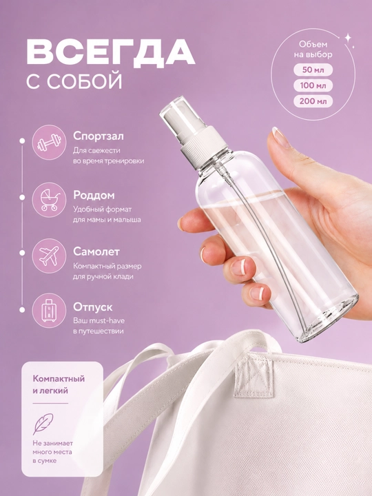 Спрей-флакон многоразовый прозрачный для духов и косметики 50/100/200 мл - 