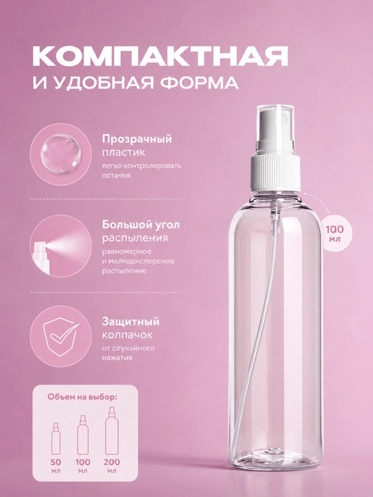 Shaffof sprey idish 50/100/200 ml — parfyum, loson va termal suv uchun