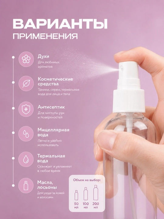 Shaffof sprey idish 50/100/200 ml — parfyum, loson va termal suv uchun