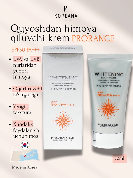 Prorance Whitening SPF 50+ pigmentatsiyaga qarshi oqartiruvchi quyoshdan himoyalovchi krem - 