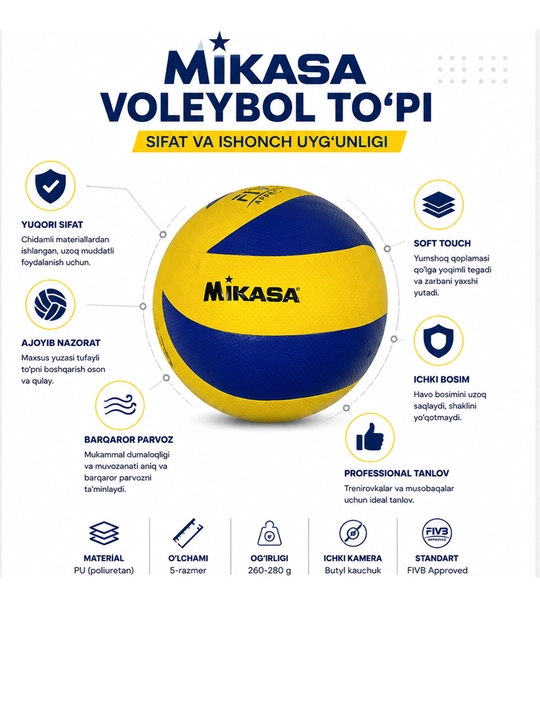 Mikasa Voleybol To‘pi, Mashg‘ulot va O‘yinlar Uchun Mustahkam Sport To‘pi - 