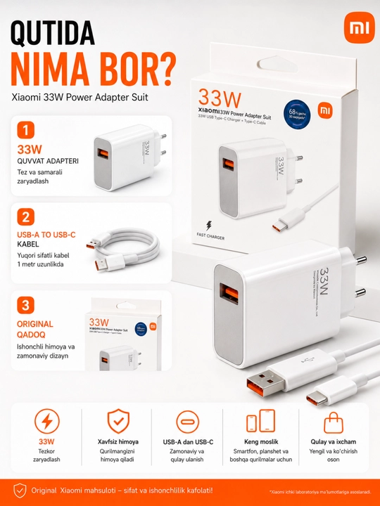 Сетевое зарядное устройство Xiaomi 33W Turbo Charge USB Type-C с кабелем Type-C