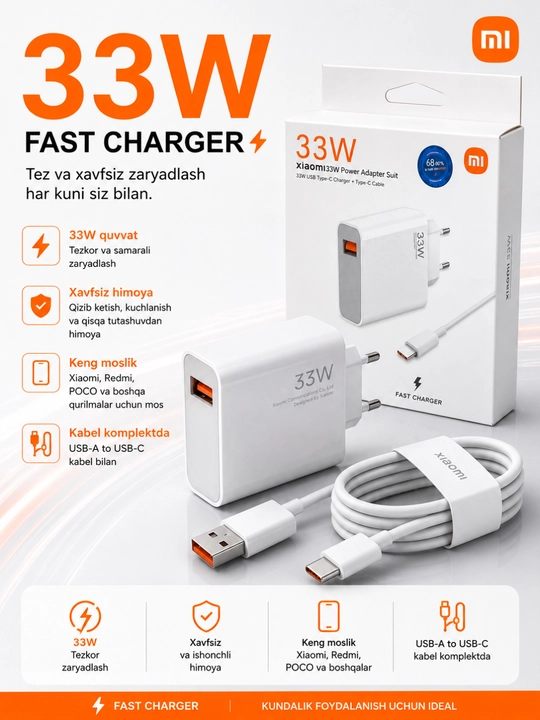 Xiaomi 33W Turbo Charge USB Type-C tarmoqli zaryadlovchi qurilma Type-C kabel bilan - 