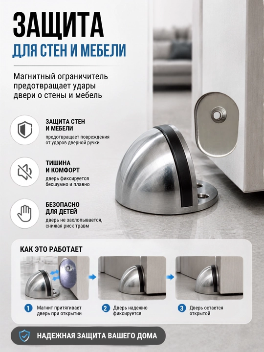 Магнитный дверной стопор напольный, ограничитель двери металлический