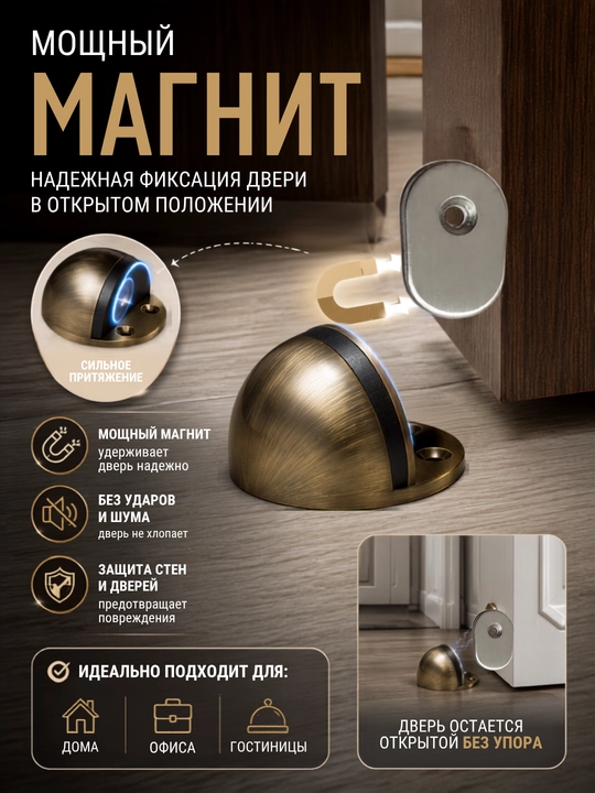 Магнитный дверной стопор напольный, ограничитель двери металлический - 