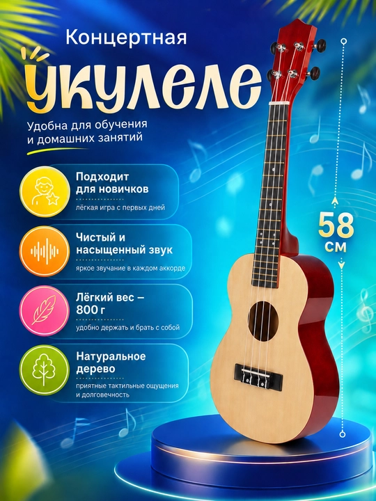 Konsert ukulelesi, 58 sm, musiqa asboblari to‘plami, mini gitara