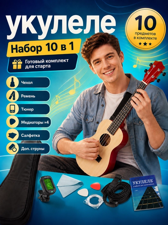 Konsert ukulelesi, 58 sm, musiqa asboblari to‘plami, mini gitara
