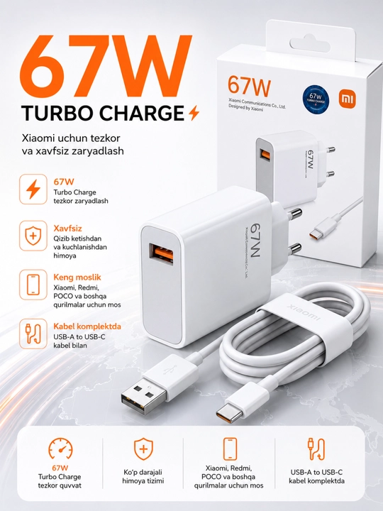 Xiaomi 67W Turbo Charge USB Type-C tarmoqli zaryadlovchi qurilma Type-C kabel bilan - 