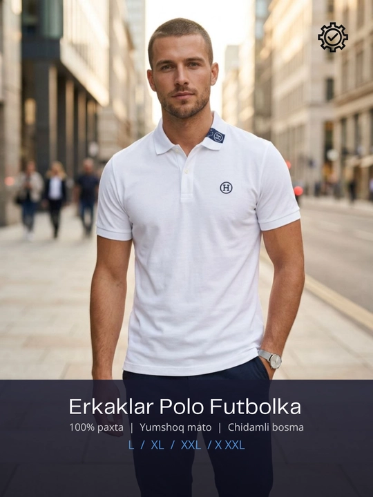 Yoqali erkaklar futbolkasi, yozgi mavsum va kundalik kiyish uchun mo‘ljallangan, o‘lchamlari L–3XL - 