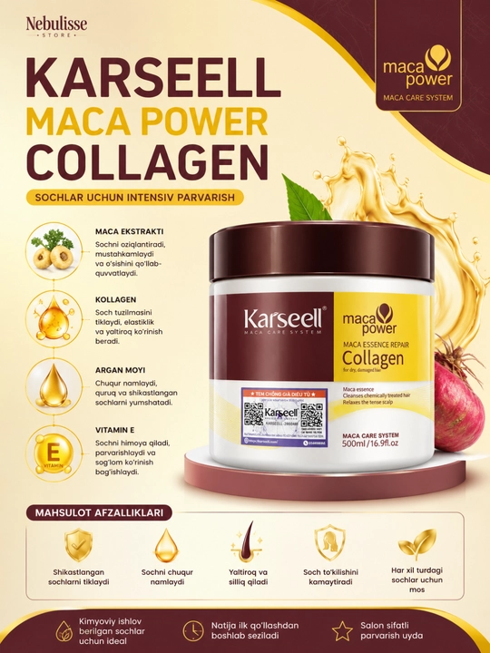 Маска для волос Karseell Collagen, обладает свойствами выпрямления, 550 мл