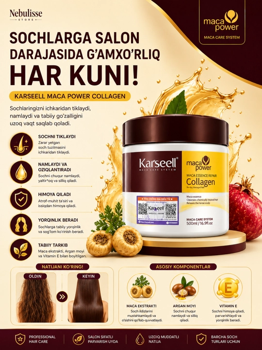 Маска для волос Karseell Collagen, обладает свойствами выпрямления, 550 мл