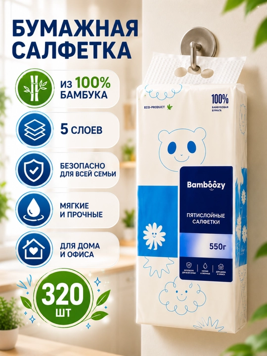 Бумажные салфетки Bambōozy 320 шт, 5-слойные, 100% бамбук, настенные - 