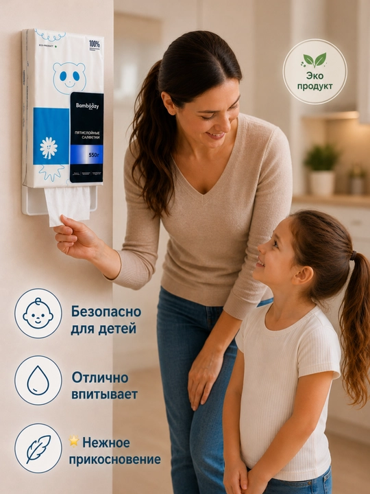 Bambōozy qog'oz salfetkalari 320 dona, 5 qatlamli, 100% bambuk, devorga osiladi