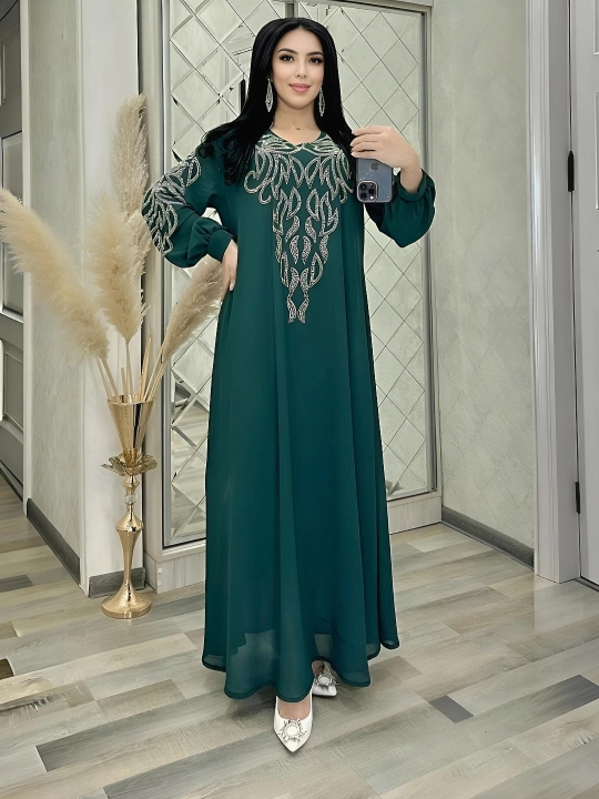 Ayollar uzun ko'ylagi, muslimon toshli abaya libosi - 