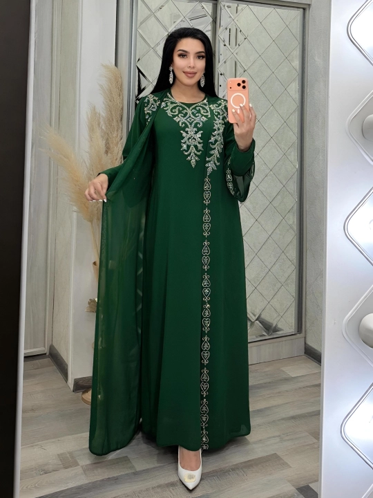 Ayollar uzun ko'ylagi, muslimon toshli abaya libosi - 