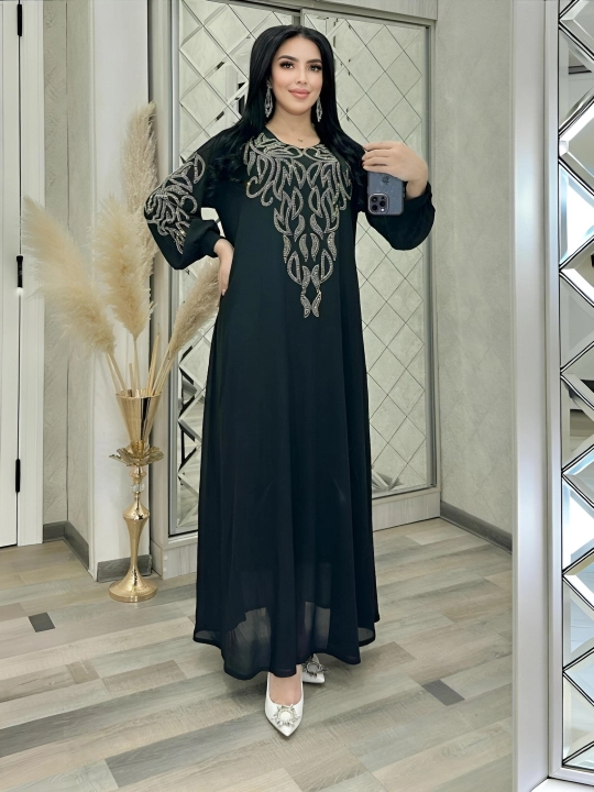 Ayollar uzun ko'ylagi, muslimon toshli abaya libosi - 