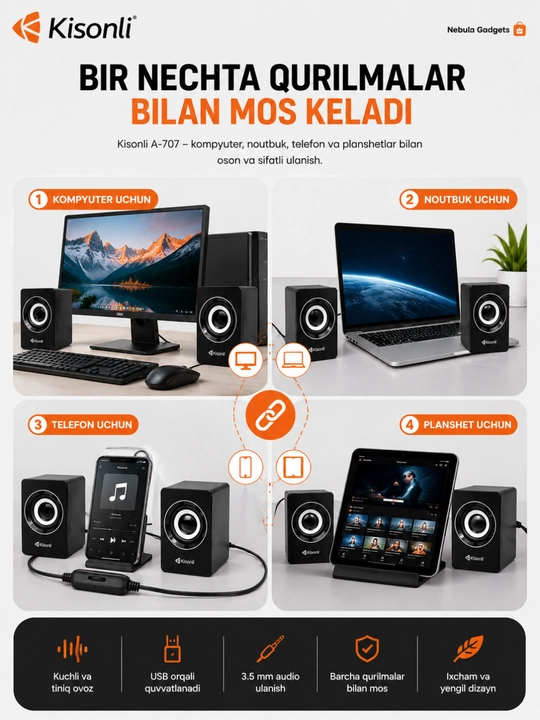 Колонки для компьютера Kisonli A707, USB акустика, мощный звук