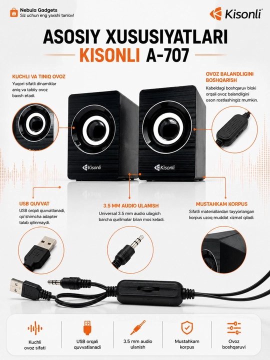 Колонки для компьютера Kisonli A707, USB акустика, мощный звук