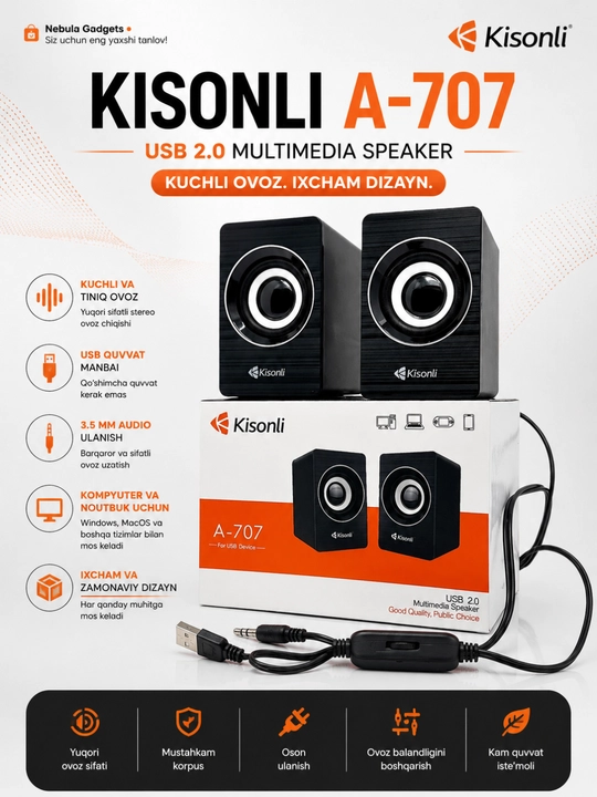 Колонки для компьютера Kisonli A707, USB акустика, мощный звук - 