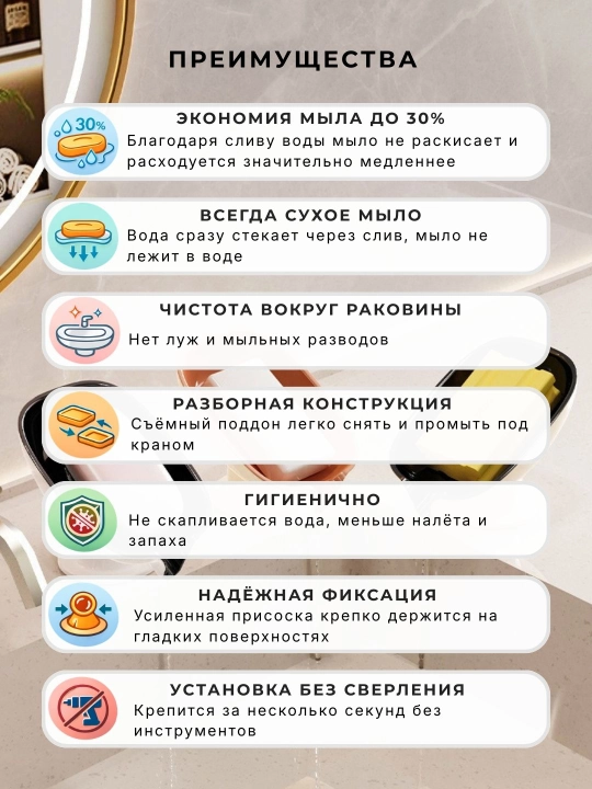 Мыльница со сливом на присоске для ванной и кухни, с дренажем