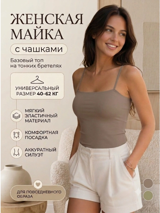 Женская майка топ с чашками, базовый облегающий топ на бретелях - 