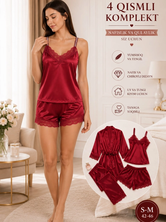 Ayollar uchun 4 qismli atlas pijama komplekti, xalatli tungi kiyim, S–M 42–46