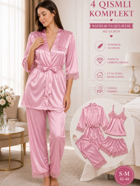 Ayollar uchun 4 qismli atlas pijama komplekti, xalatli tungi kiyim, S–M 42–46 - 