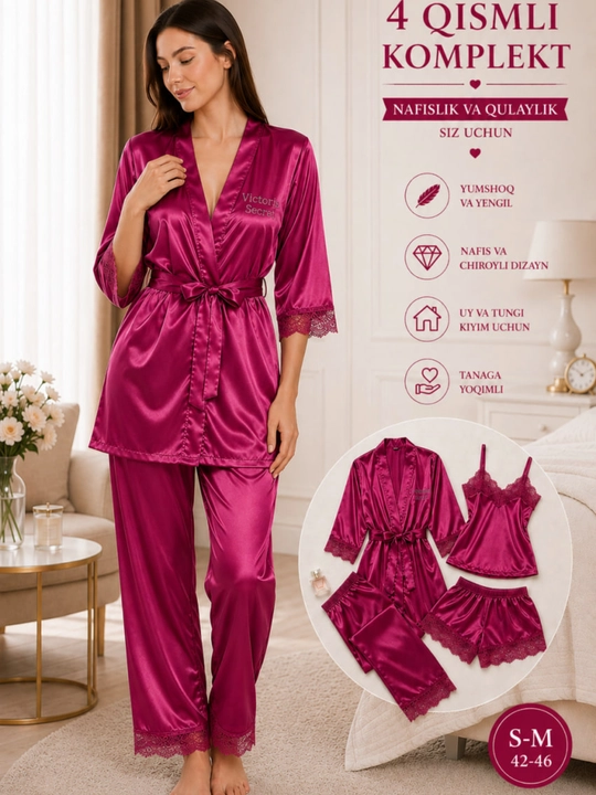 Ayollar uchun 4 qismli atlas pijama komplekti, xalatli tungi kiyim, S–M 42–46 - 