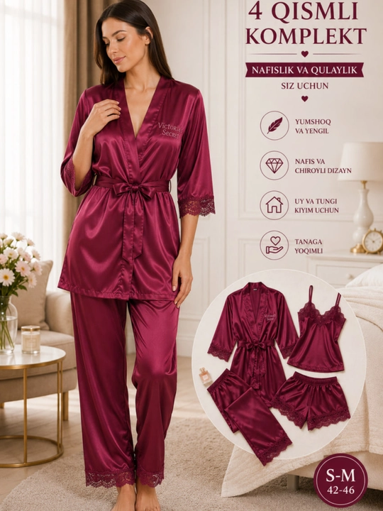 Ayollar uchun 4 qismli atlas pijama komplekti, xalatli tungi kiyim, S–M 42–46 - 