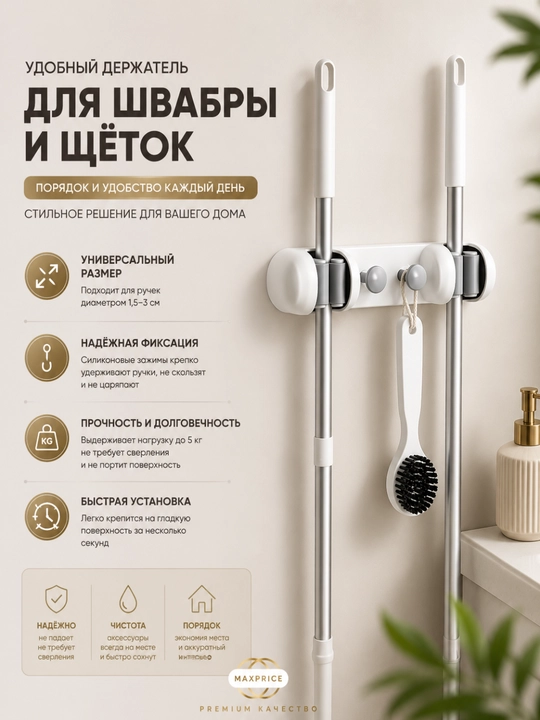 Держатель для швабры и метлы Cleaning Expert, настенный органайзер с крючками - 