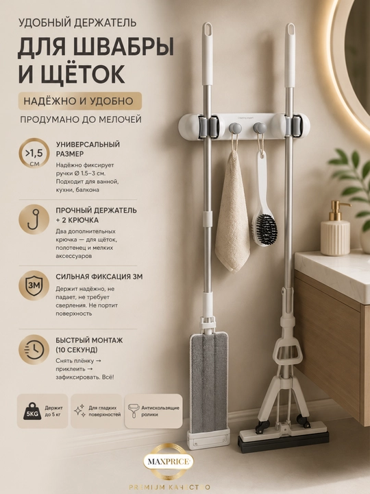 Держатель для швабры и метлы Cleaning Expert, настенный органайзер с крючками