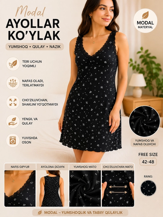 Ayollar uchun modal tungi ko‘ylak, gulli naqshli, Free Size - 
