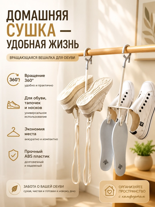 Вешалка для сушки обуви и одежды, складная, вращающаяся на 360°, пластик