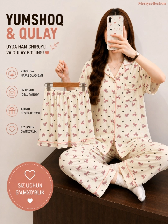 Pijama ayollar uchun 3 tasi 1 da, shim va shortikli komplekt troykalar, ayollar pijamasi