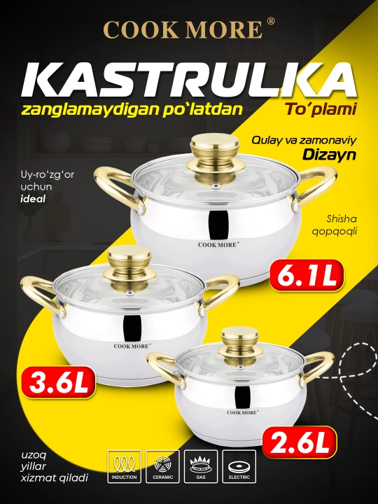 Набор кастрюль Cook More, нержавейка, индукция, стеклянные крышки - 